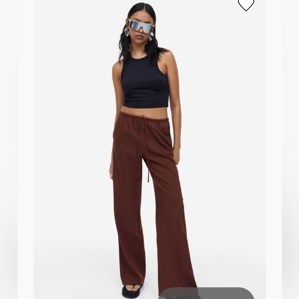 H&M dark brown wide leg linen cargo pants xs nwt